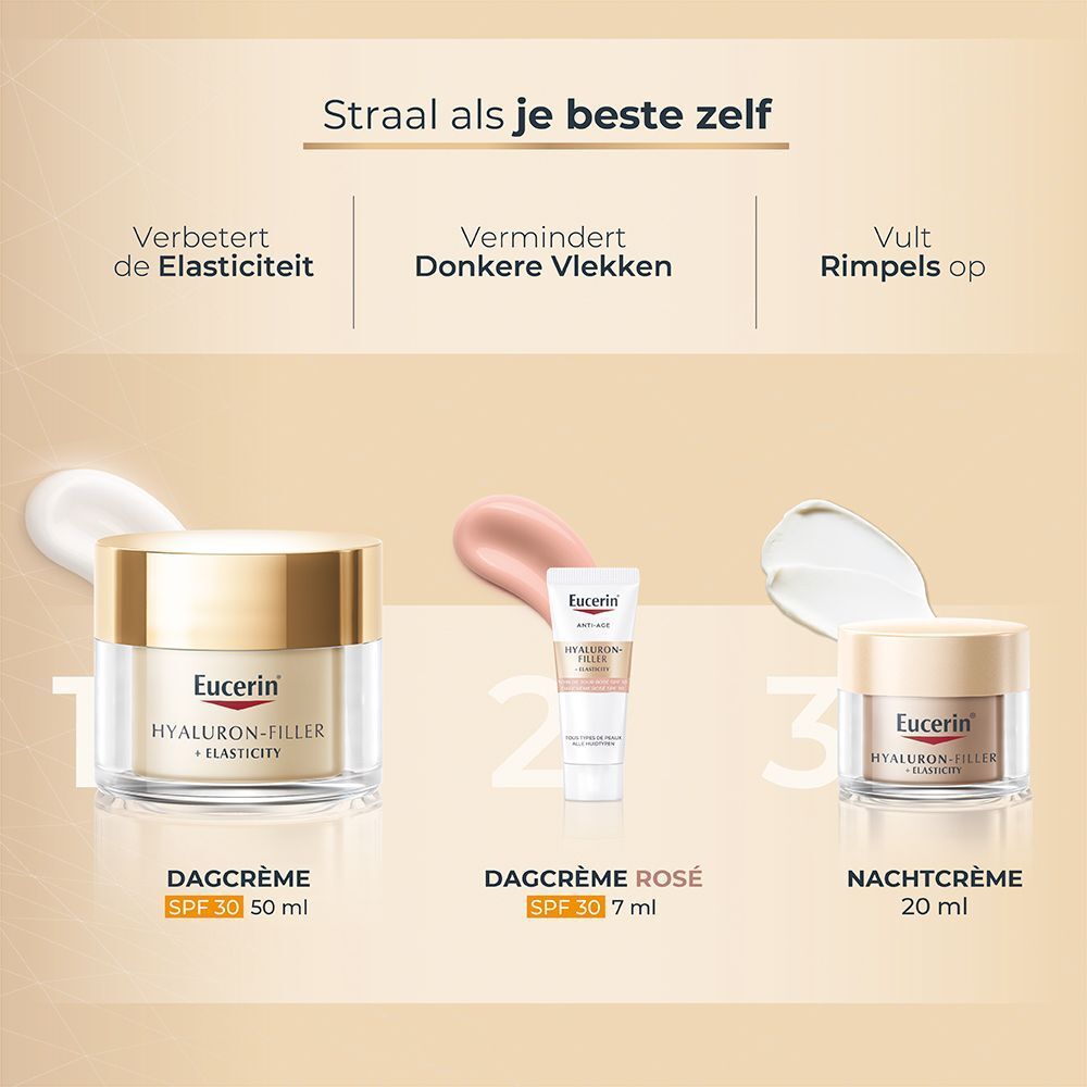 Drie Eucerin crèmes: dagcrème, dagcrème rosé en nachtcrème. Productnamen en SPF 30 zichtbaar. Tekst: 'Straal als je beste zelf'.