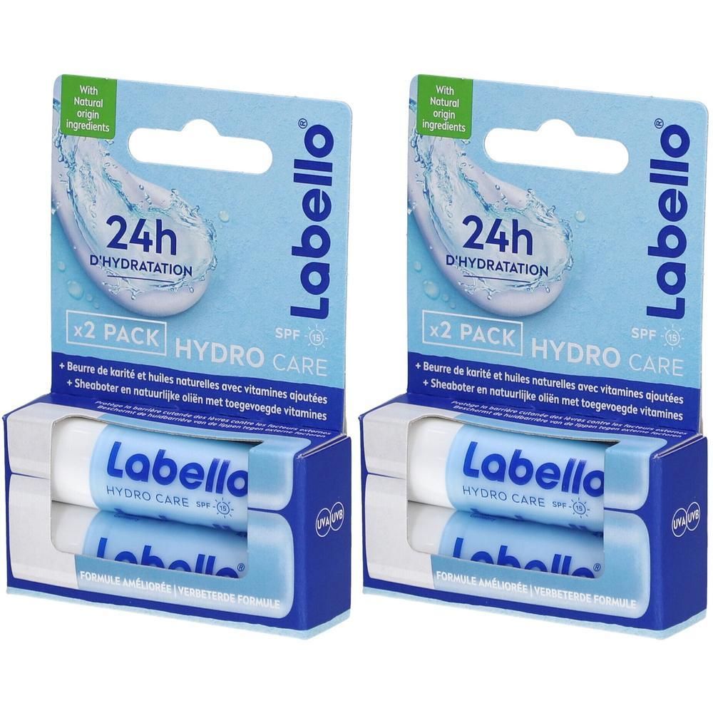 Twee Labello Hydro Care lippenbalsems in verpakking. Blauwe verpakking met productinformatie en Labello logo. SPF zonnebescherming.