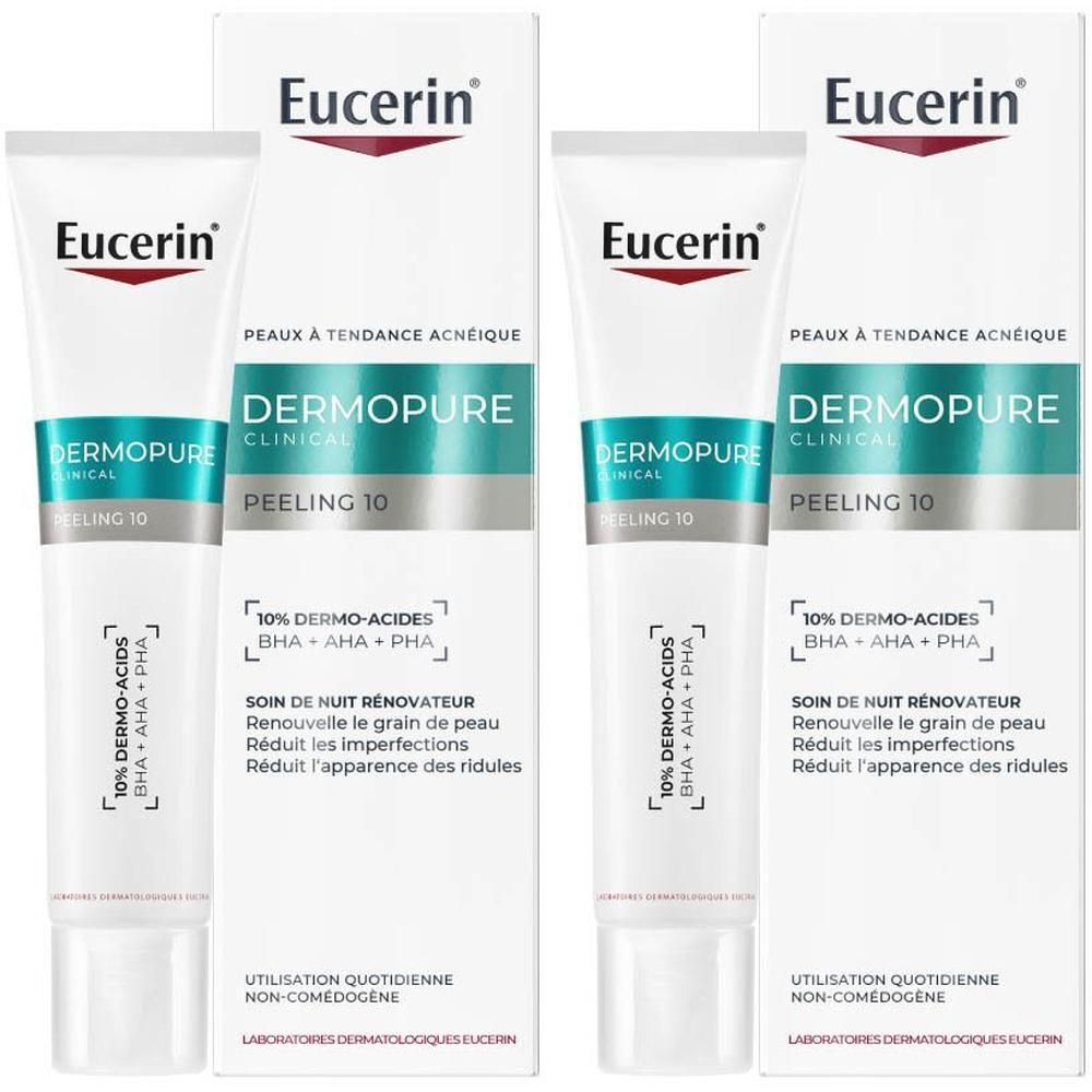 Deux tubes et emballages Eucerin DERMOPURE CLINICAL Peeling 10. Inscription : Peau à tendance acnéique.