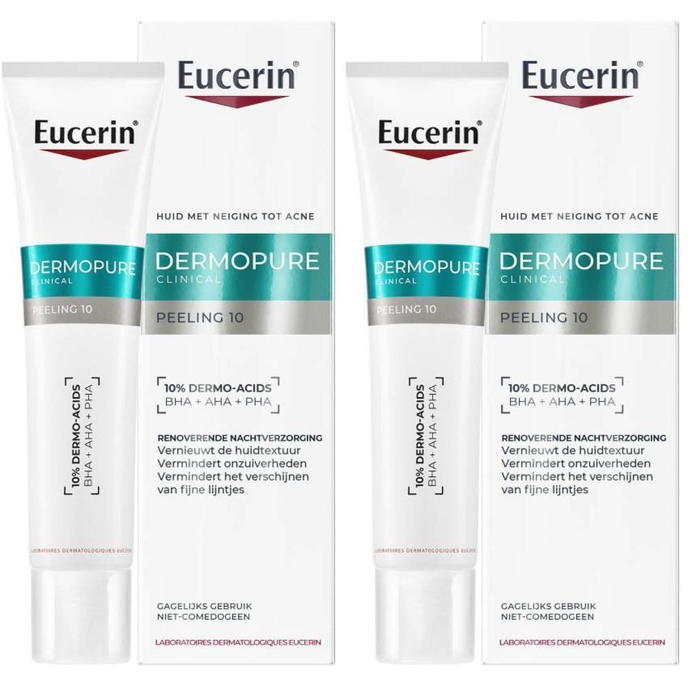Twee tubes en verpakkingen van Eucerin DERMOPURE CLINICAL Peeling 10. Opschrift: Huid met neiging tot acne.