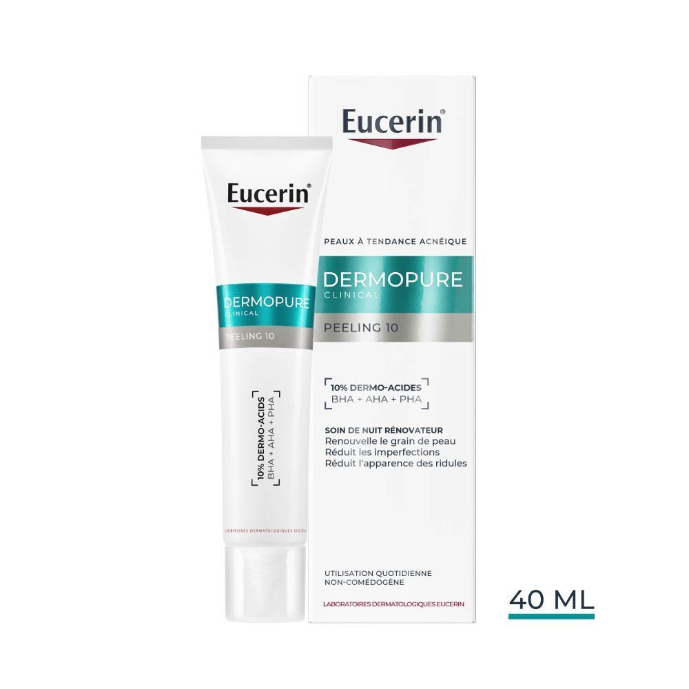 Tube et emballage Eucerin Dermopure Clinical Peeling 10. 40 ml. Texte : 10% Dermo-Acides BHA + AHA + PHA.