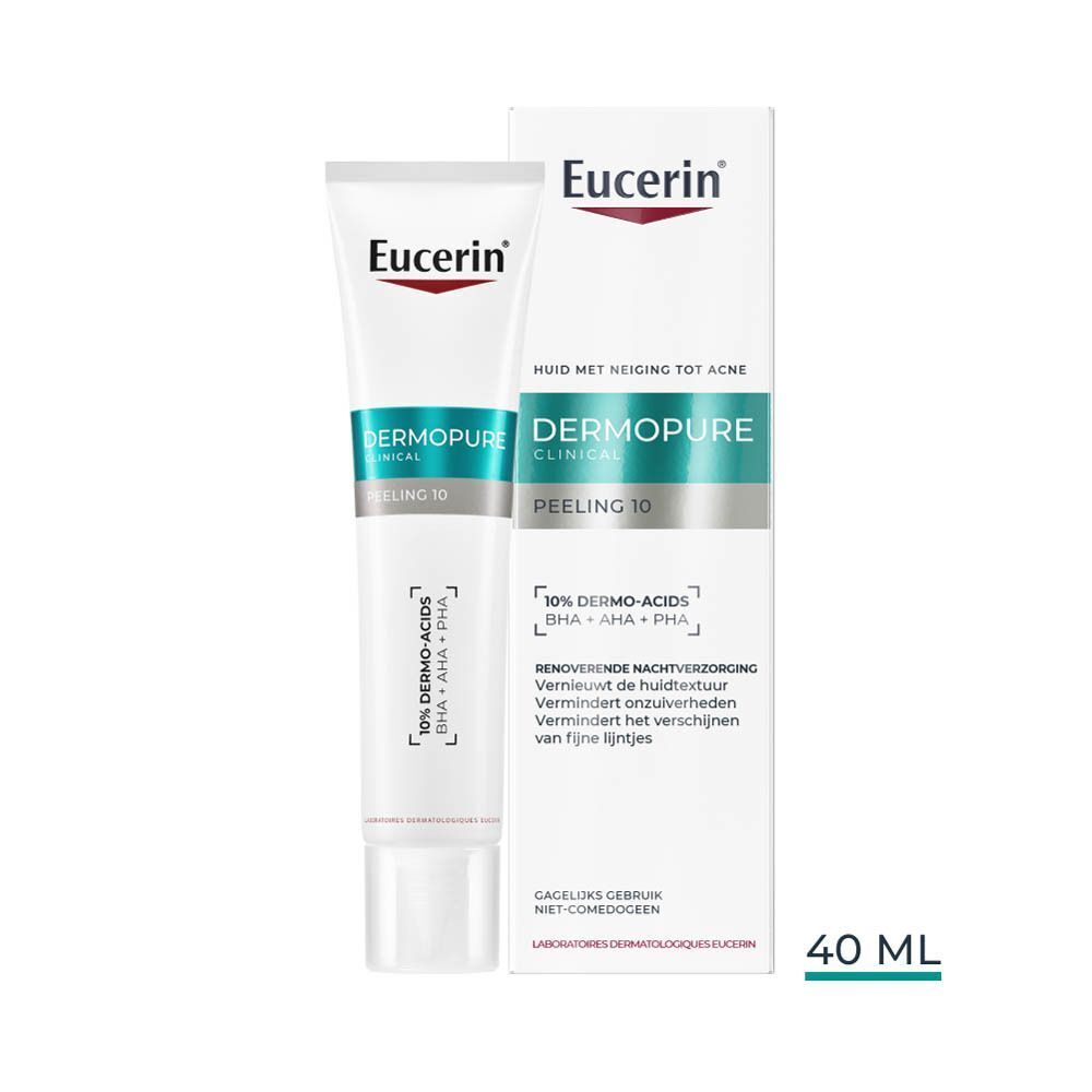 Een tube en verpakking van Eucerin DERMOPURE CLINICAL Peeling 10. Opschrift: Huid met neiging tot acne.