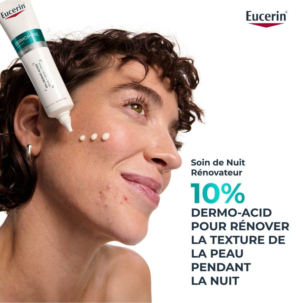 Femme appliquant le produit. Texte : Soin de Nuit Rénovateur 10% Dermo-Acid pour rénover la texture de la peau pendant la nuit.