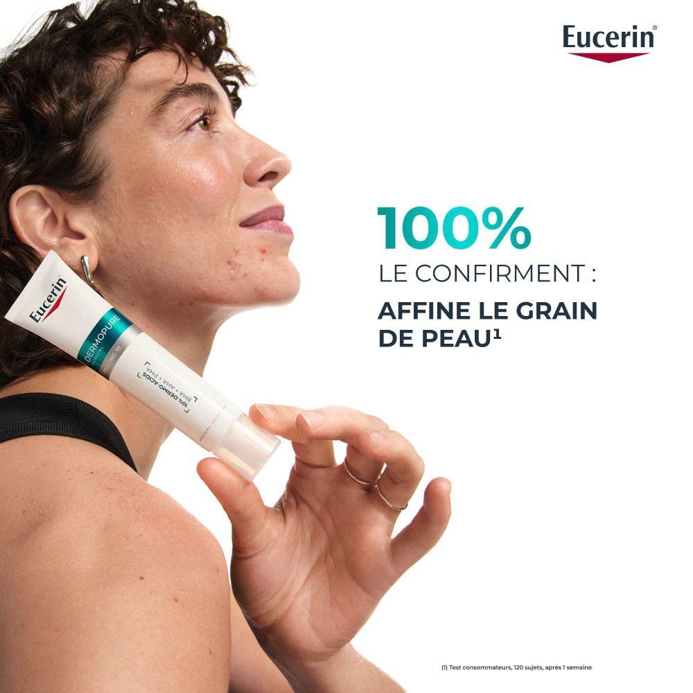 Femme tenant le produit. Texte : 100% confirment : affine le grain de peau.