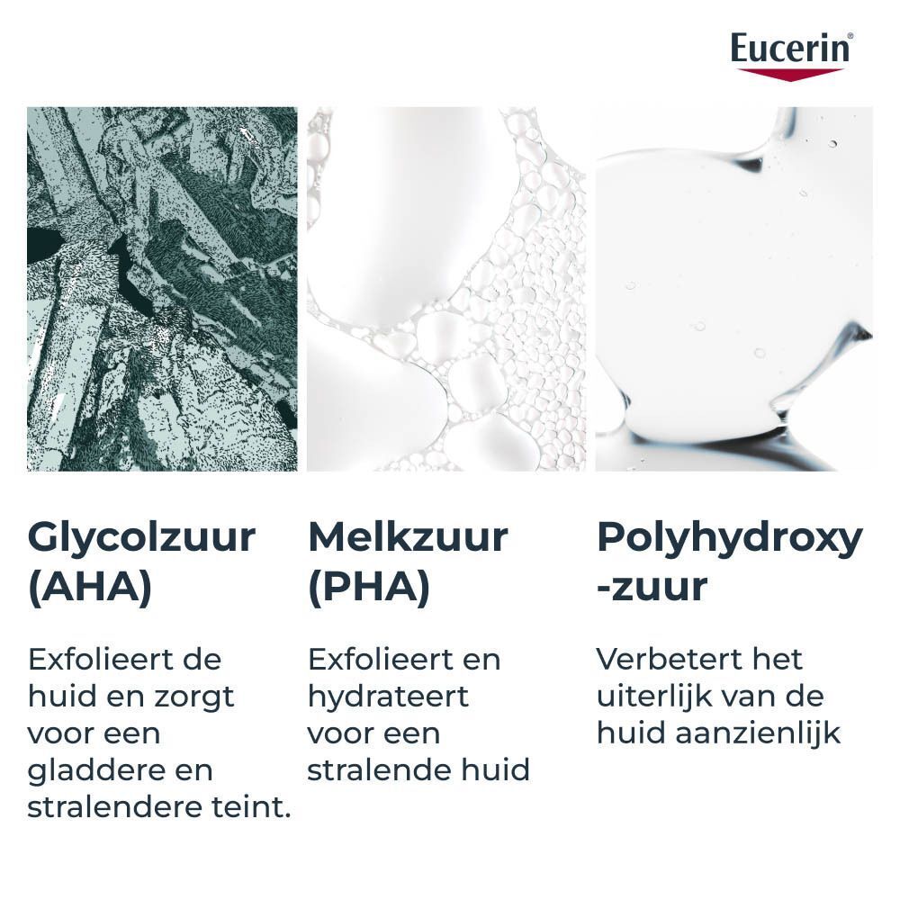 Close-up van glycolzuur, melkzuur en polyhydroxyzuur. Tekst: AHA, PHA, verbeteren het uiterlijk van de huid.