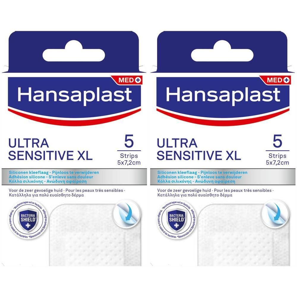 Deux boîtes de pansements Hansaplast Ultra Sensitive XL. Chaque boîte contient 5 pansements de 5x7,2 cm. Protection bactérienne.