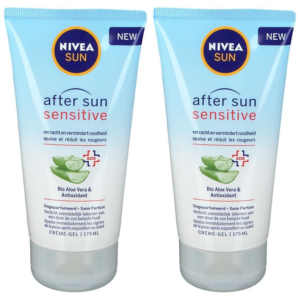 Twee tubes Nivea Sun After Sun Sensitive Crème-Gel. Lichtblauwe tubes met witte tekst en aloë vera-illustratie. Opschrift: After Sun Sensitive.