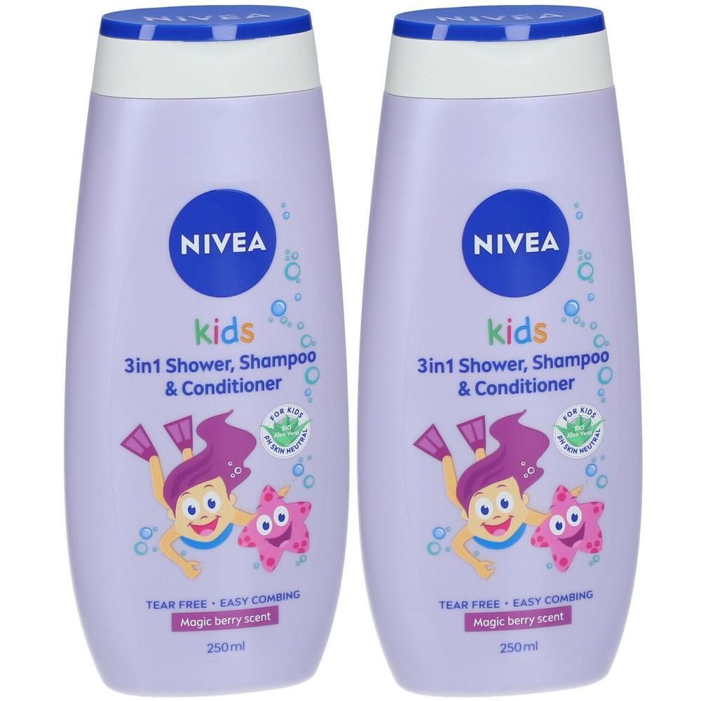 Deux flacons violets de gel douche et shampooing Nivea Kids 3en1. Illustrations enfantines et informations produit. Bouchon bleu.