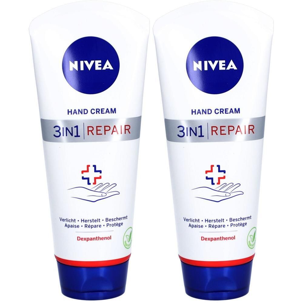 Deux tubes de crème pour les mains Nivea 3-en-1 Repair. Tubes blancs avec bouchon bleu et logo. Texte: Hand Cream, 3in1 Repair, Dexpanthenol.