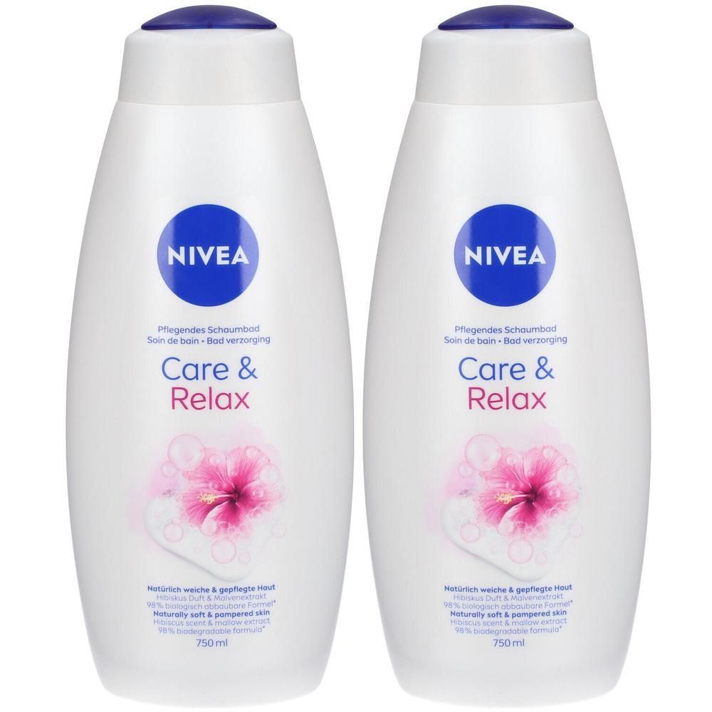 Deux flacons blancs Nivea Care & Relax Soin de Bain. Bouchons et logos bleus. Inscription Care & Relax et une fleur rose.