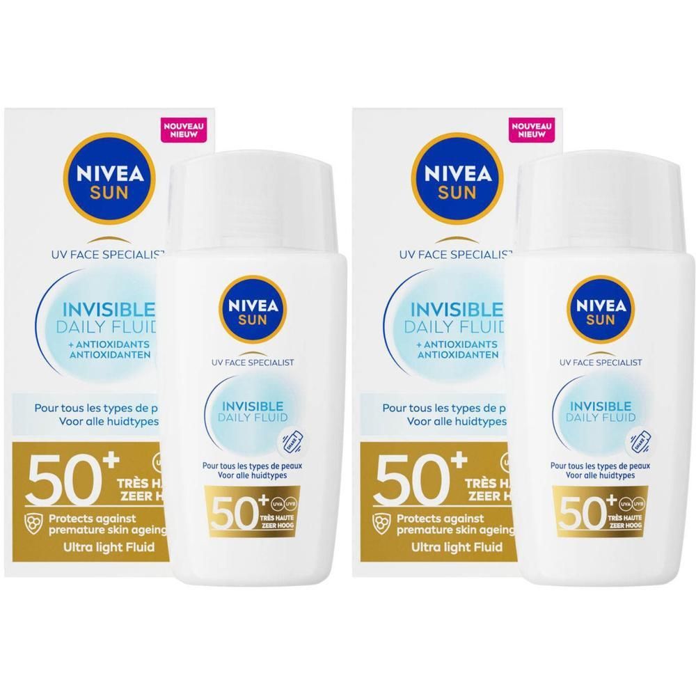 Plusieurs flacons de Nivea Sun Face Invisible Daily Fluid Spf 50+ avec emballage. Flacon blanc avec étiquette bleue et accents dorés.