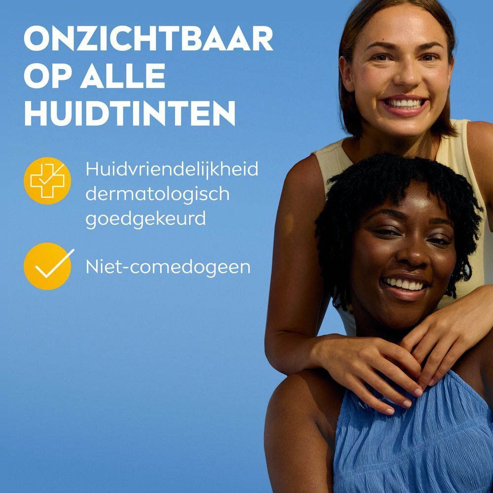 Logo met twee lachende vrouwen. Tekst: Onzichtbaar op alle huidtinten. Huidvriendelijk, dermatologisch getest, niet-comedogeen.