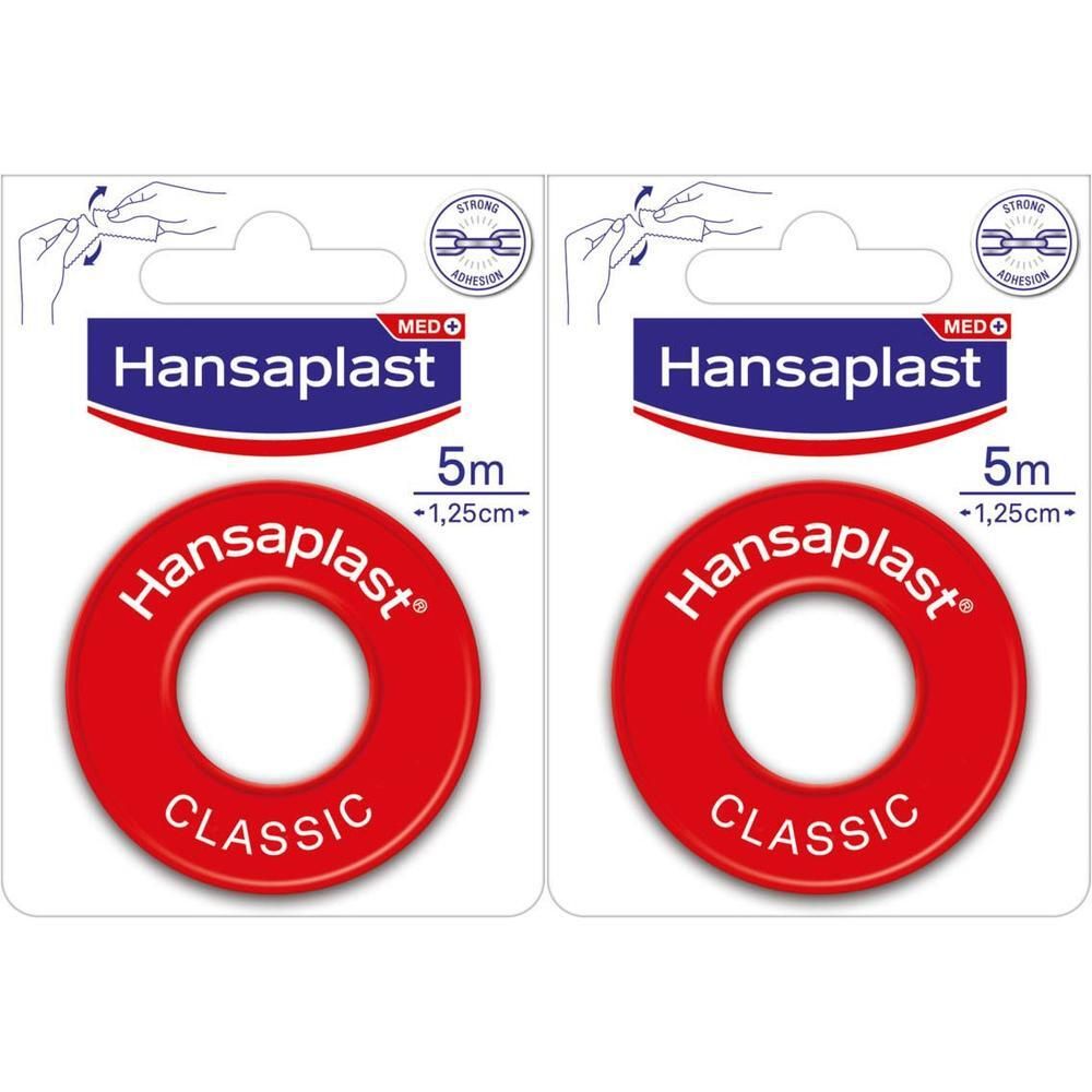Deux paquets de Hansaplast Classic. Rouleau rouge avec texte blanc. 5m x 1,25cm.