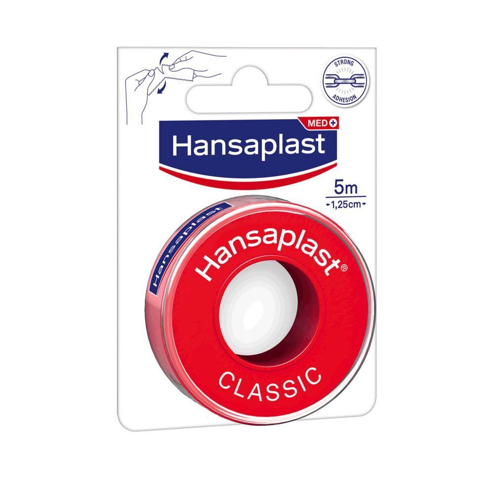 Hansaplast Classic en emballage. Rouleau rouge avec texte blanc. 5m x 1,25cm.
