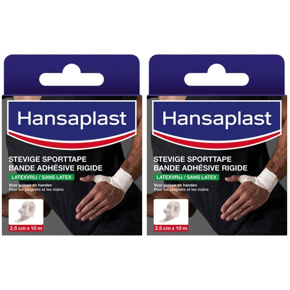 Twee Hansaplast sporttapes. Zwarte verpakking met wit tape op pols. Tekst: 2,5 cm x 10 m. Voor polsen en handen.