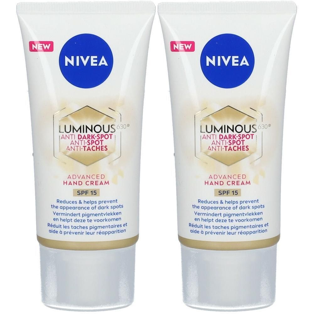 Deux tubes de crème pour les mains. Inscriptions: NIVEA, LUMINOUS 630°, Anti-Taches, Advanced Hand Cream, SPF 15. Tubes blancs avec éléments bleus et dorés.