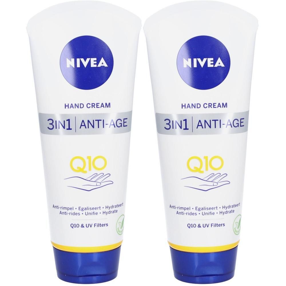 Twee tubes handcrème. Opschrift: NIVEA, Hand Cream, 3in1 Anti-Age, Q10. Met UV-filters. Wit, blauw en geel.