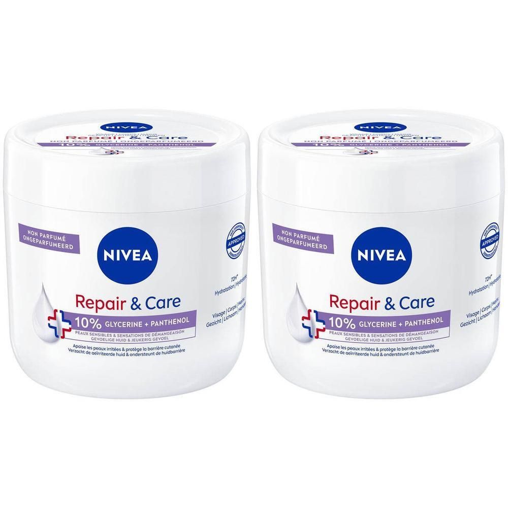 Twee witte potten met deksels. Opschrift: NIVEA Repair & Care, 10% Glycerine + Panthenol. Logo: NIVEA. Sticker: Niet geparfumeerd.