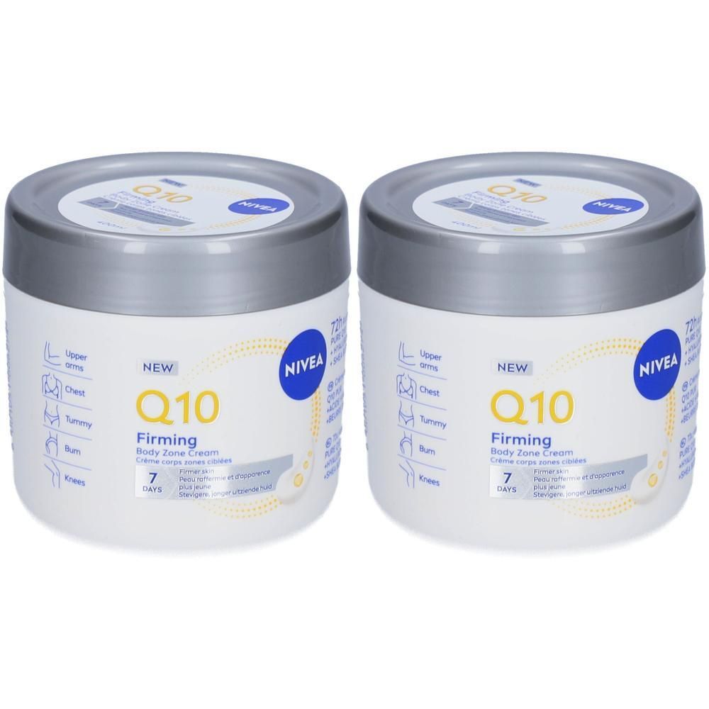 Twee witte potten met zilveren deksels. Opschrift: Q10 Firming Body Zone Cream, Nivea logo. Lichaamszones afgebeeld op het etiket.