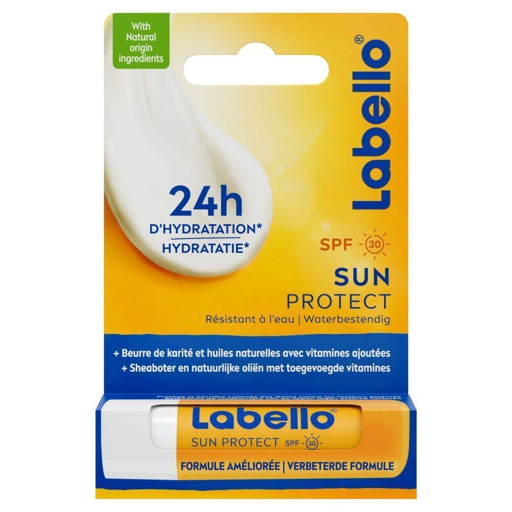 Emballage avec Labello Sun Protect SPF30. Stick jaune, crème blanche, texte.