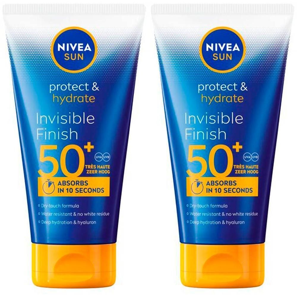 Twee tubes NIVEA Sun Protect & Hydrate Invisible Finish SPF50+. Blauwe tube met gele dop. Tekst: Absorbeert in 10 seconden.