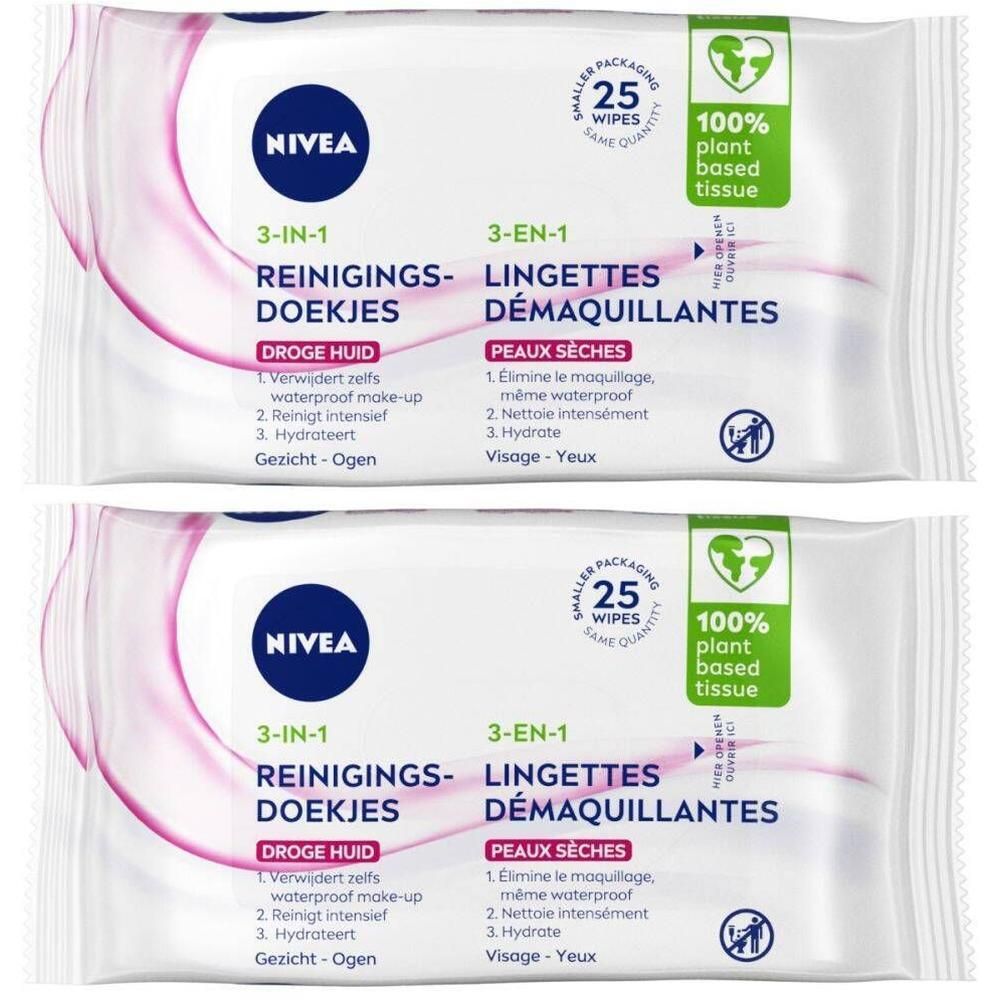 Paquet de lingettes démaquillantes NIVEA. Contient 25 lingettes. Inscription : 3-en-1, pour peaux sèches. 100% tissu végétal.