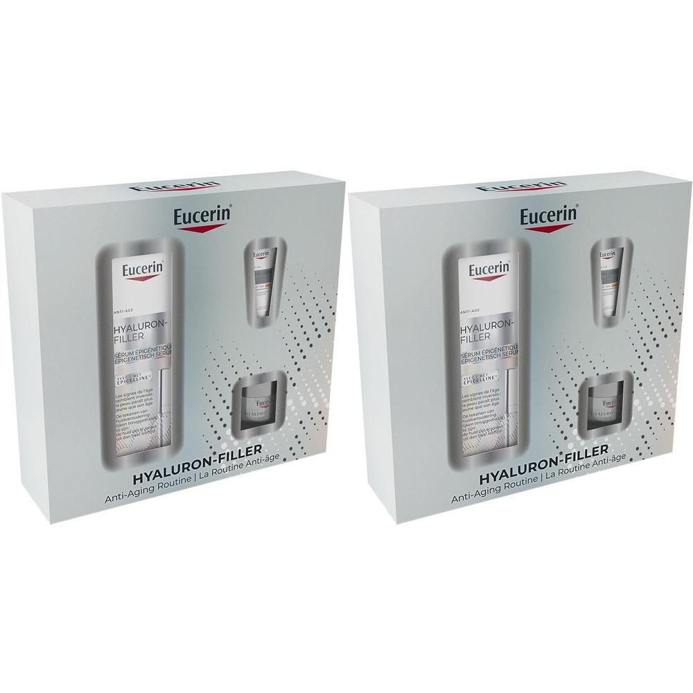 Deux coffrets cadeaux Eucerin. Visibles : flacon, petit tube et pot. Emballage avec nom du produit.