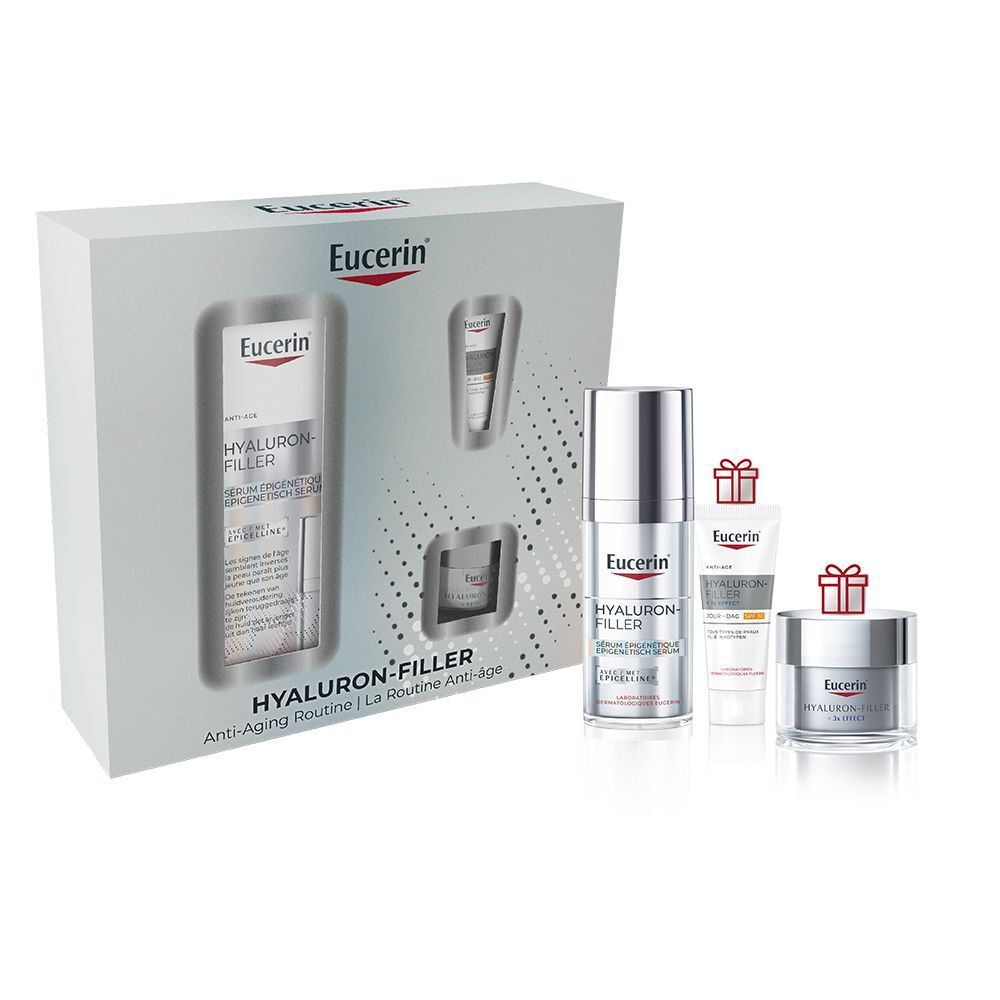 Eucerin geschenkdoos met serum, crème, tube en pot. Producten op witte achtergrond. Verpakking met productnaam.