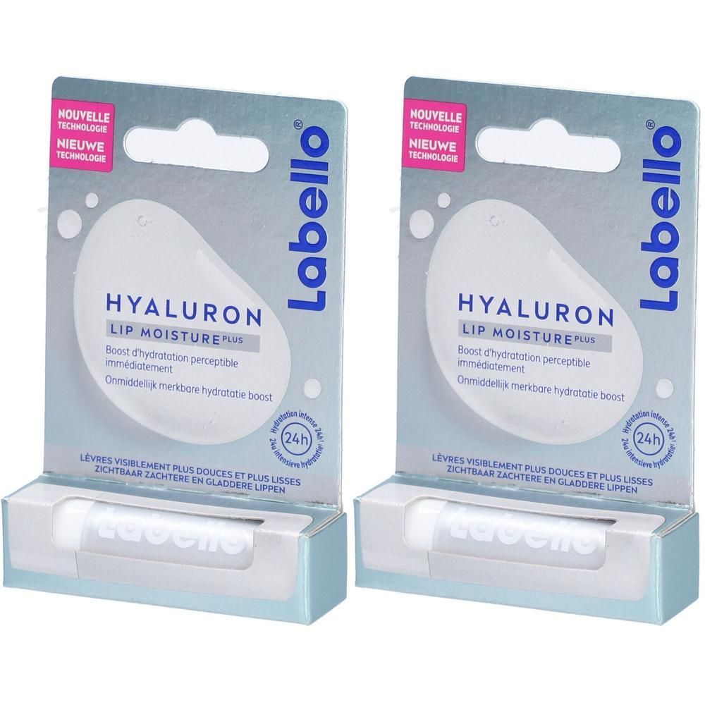 Twee Labello® Hyaluron Lip Moisture Plus verpakkingen. Witte lippenbalsem in lichtblauwe houders. Zichtbare opschriften.