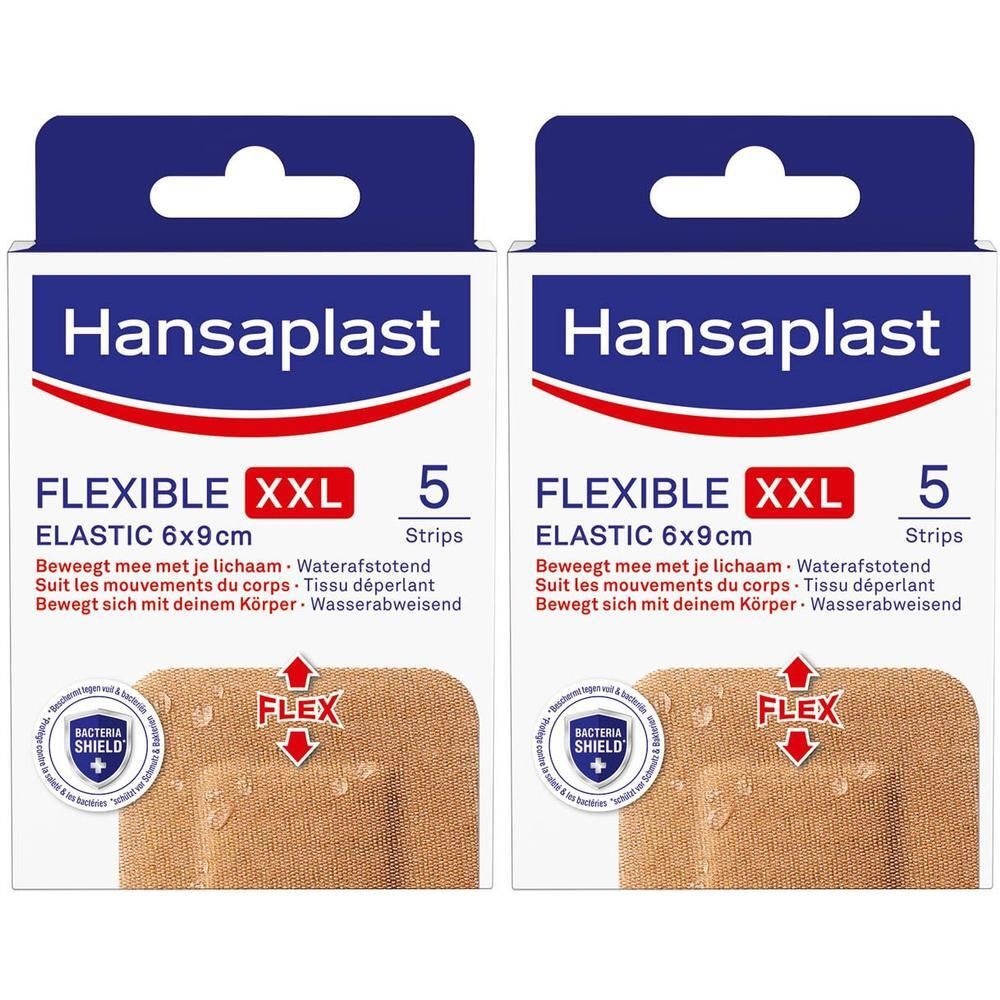 Deux boîtes de pansements Hansaplast Flexible XXL. 5 pansements par boîte. 6x9cm. Résistant à l'eau.