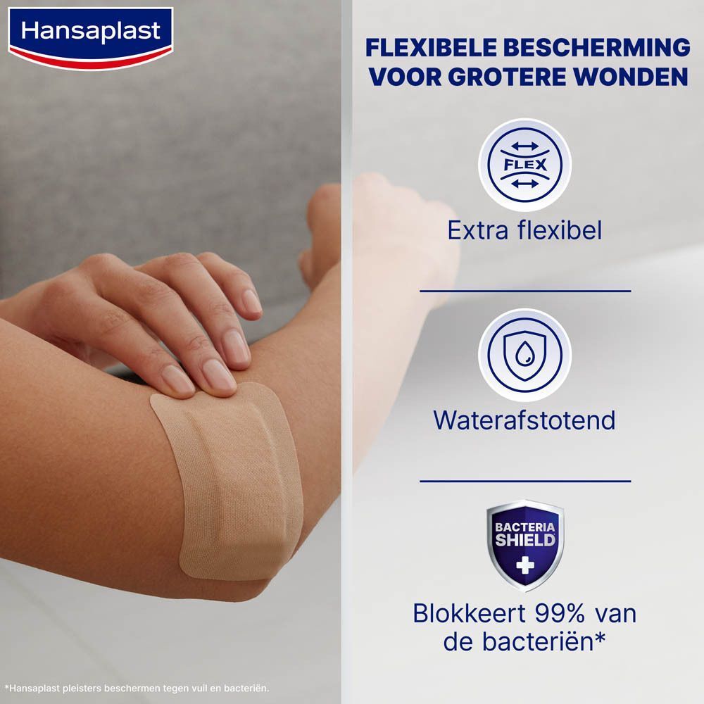 Elleboog met pleister. Tekst: Extra flexibel, waterafstotend, blokkeert 99% van de bacteriën. Hansaplast logo.