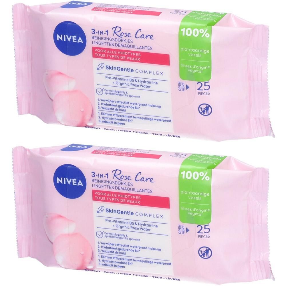 Twee pakken reinigingsdoekjes. Roze verpakking met productnaam en logo. Bevat 25 doekjes. Met 100% plantaardige ingrediënten.
