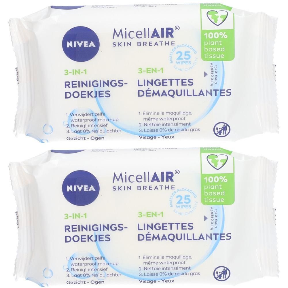 Deux paquets de lingettes démaquillantes Nivea MicellAIR. Emballage blanc avec texte bleu. Contient 25 lingettes. 100% tissu végétal.