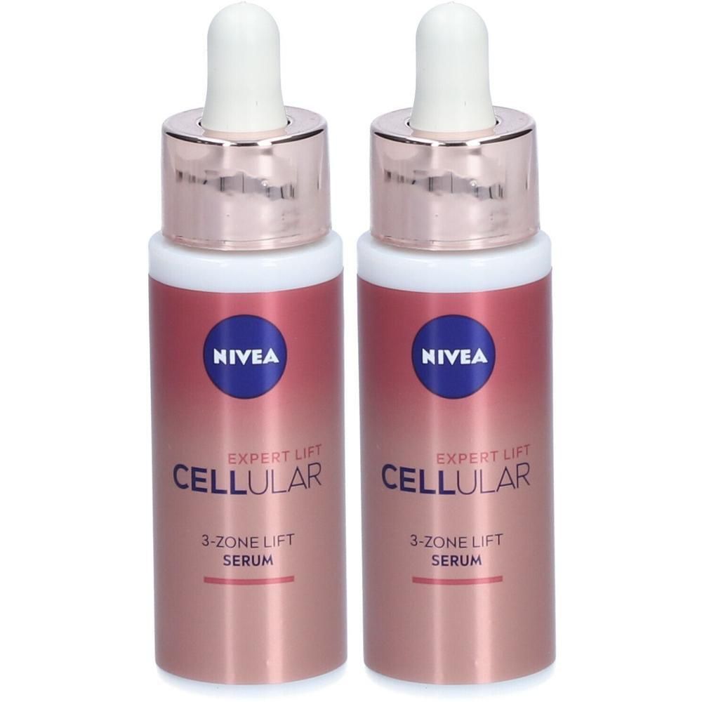 Twee flacons Nivea Cellular Expert Lift Serum. Roze flacons met witte dop en pipet. Opschrift: Nivea, Cellular, 3-Zone Lift Serum.