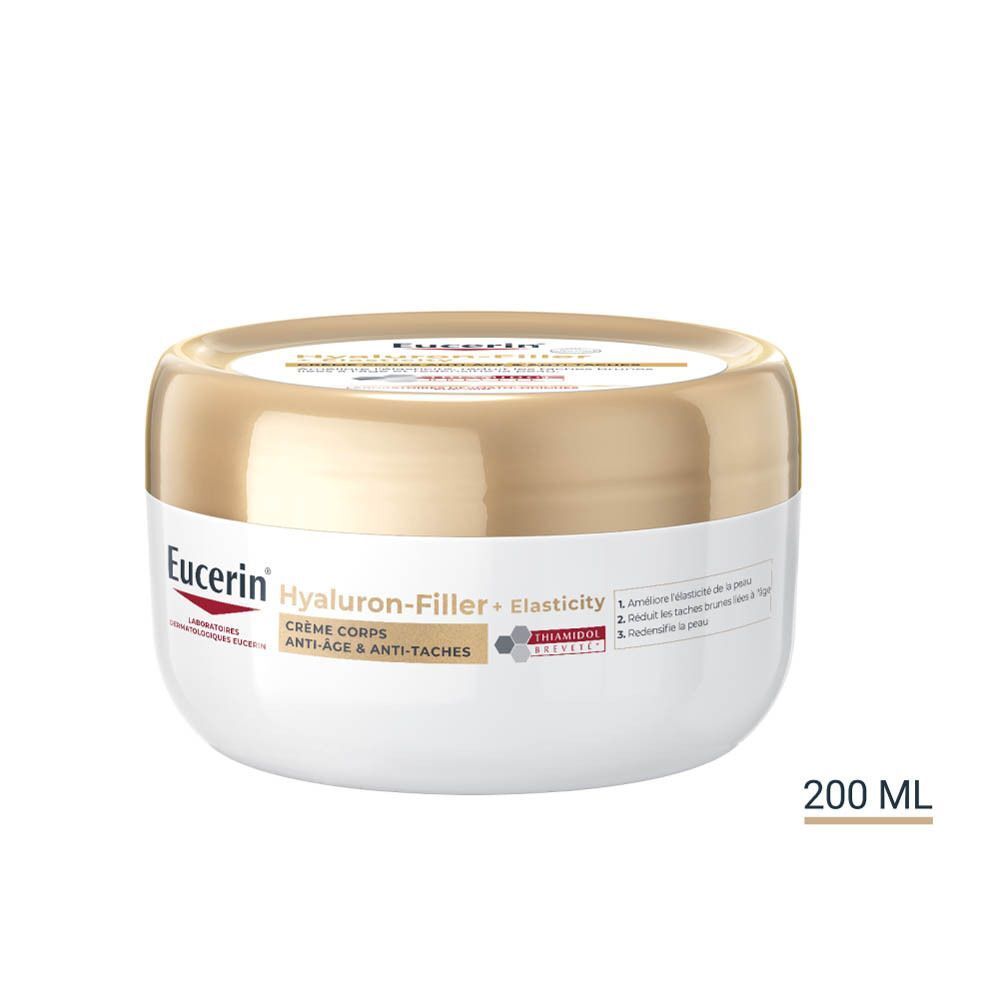 Crème Corps Anti-Âge & Anti-Taches en pot. Couvercle doré, contenant blanc. Eucerin Hyaluron-Filler + Elasticity. 200 ml.