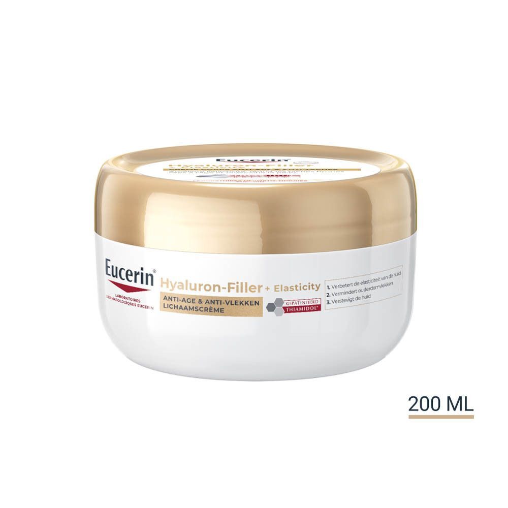 Crème Corps Anti-Age & Anti-Vlekken in pot. Gouden deksel, witte pot. Eucerin Hyaluron-Filler + Elasticity. 200 ml.