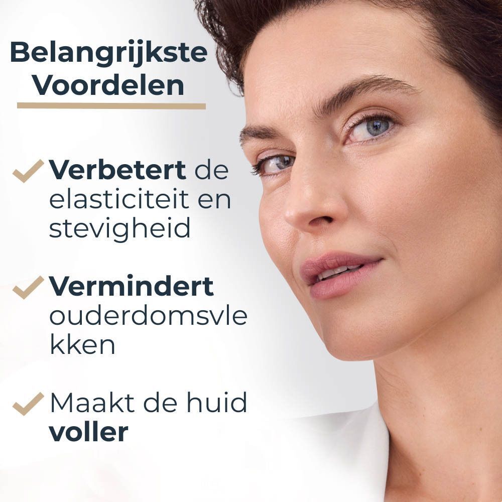 Close-up van een vrouw. Tekst: Belangrijkste Voordelen. Verbetert elasticiteit en stevigheid, vermindert ouderdomsvlekken, maakt de huid voller.