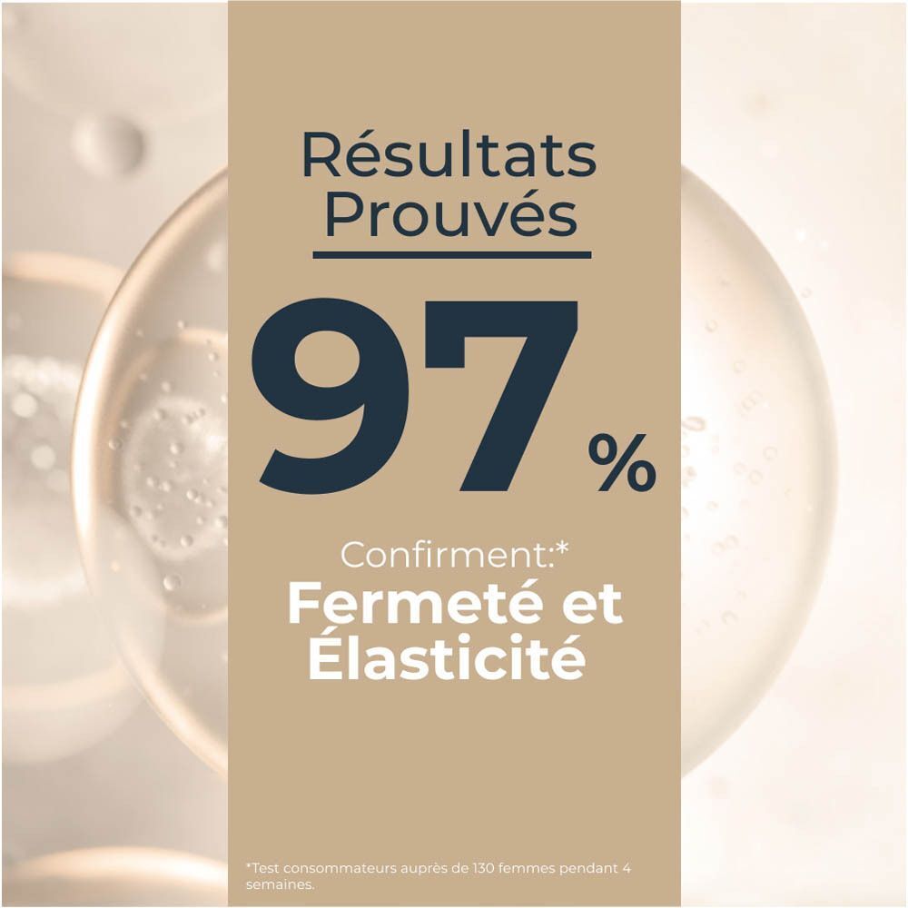 Texte : Résultats Prouvés. 97% confirment Fermeté et Élasticité. Test réalisé auprès de 130 femmes pendant 4 semaines.