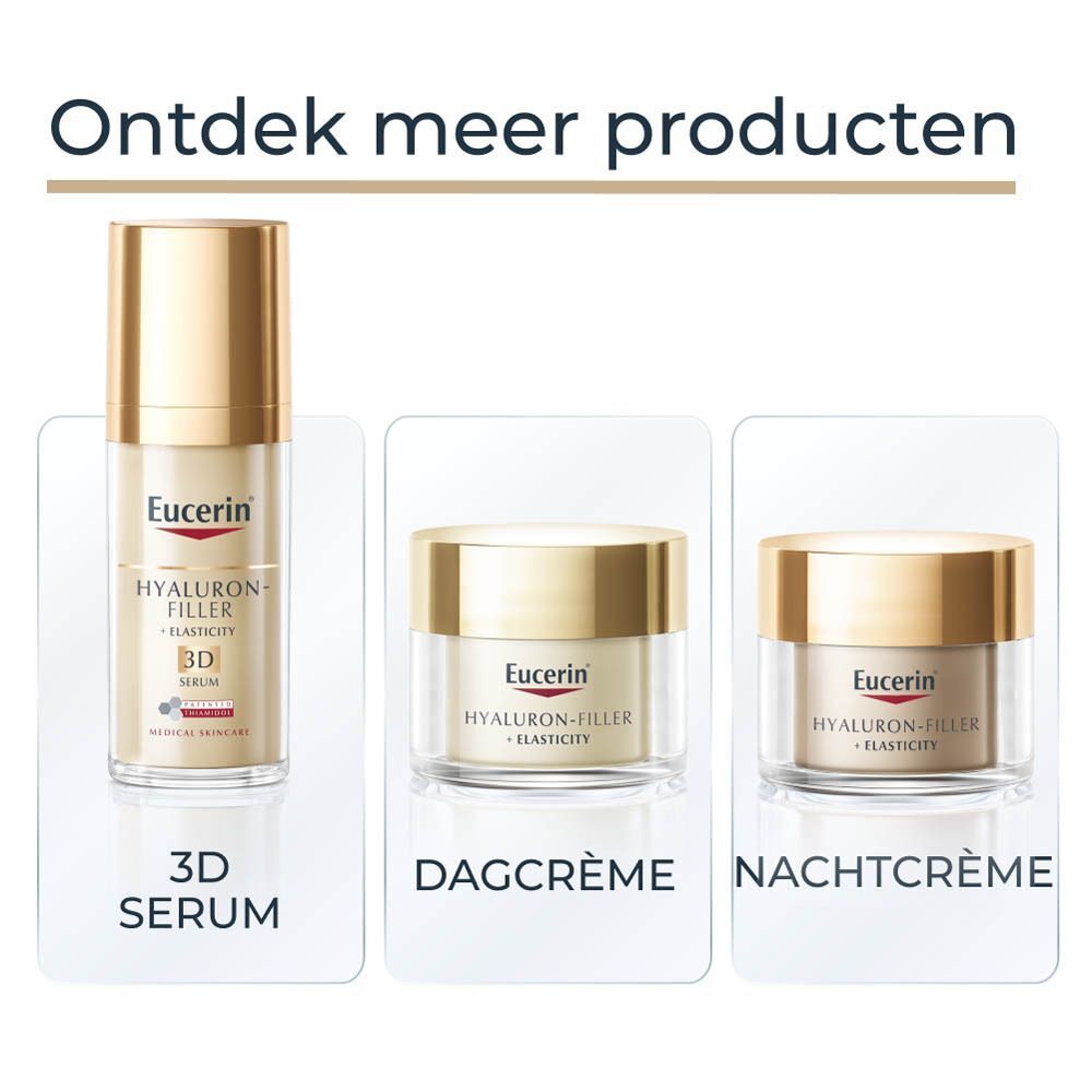 Drie producten: 3D Serum, Dagcrème, Nachtcrème. Eucerin Hyaluron-Filler + Elasticity.