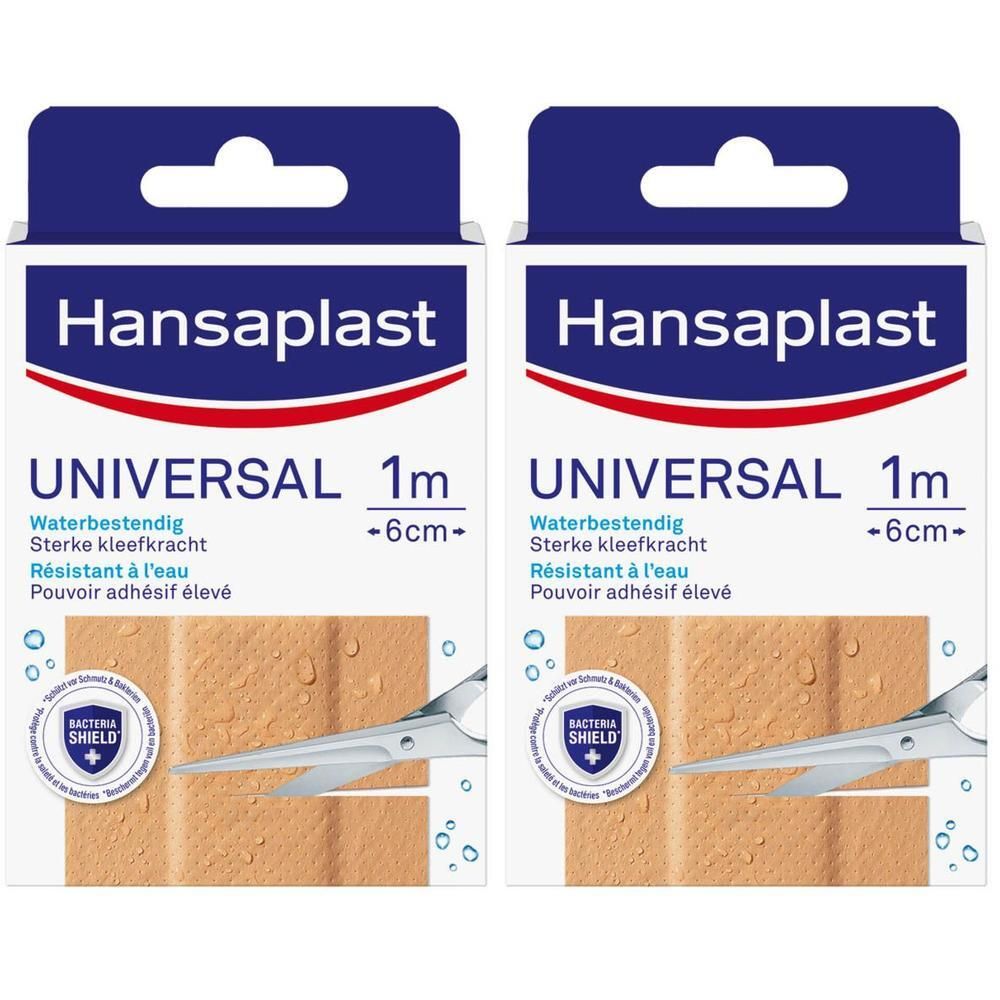 Deux boîtes de pansements Hansaplast Universal. Inscription: Universal 1 m -6 cm. Résistant à l'eau. Avec ciseaux et Bacteria Shield.