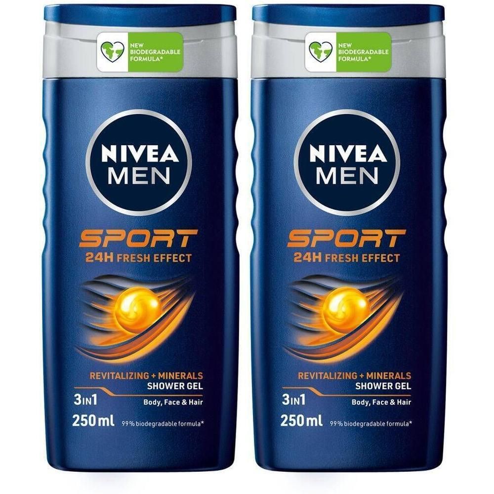 Twee blauwe douchegelflessen. Opschrift: Nivea Men Sport, 24H Fresh Effect, 3in1. Met logo voor biologisch afbreekbare formule.