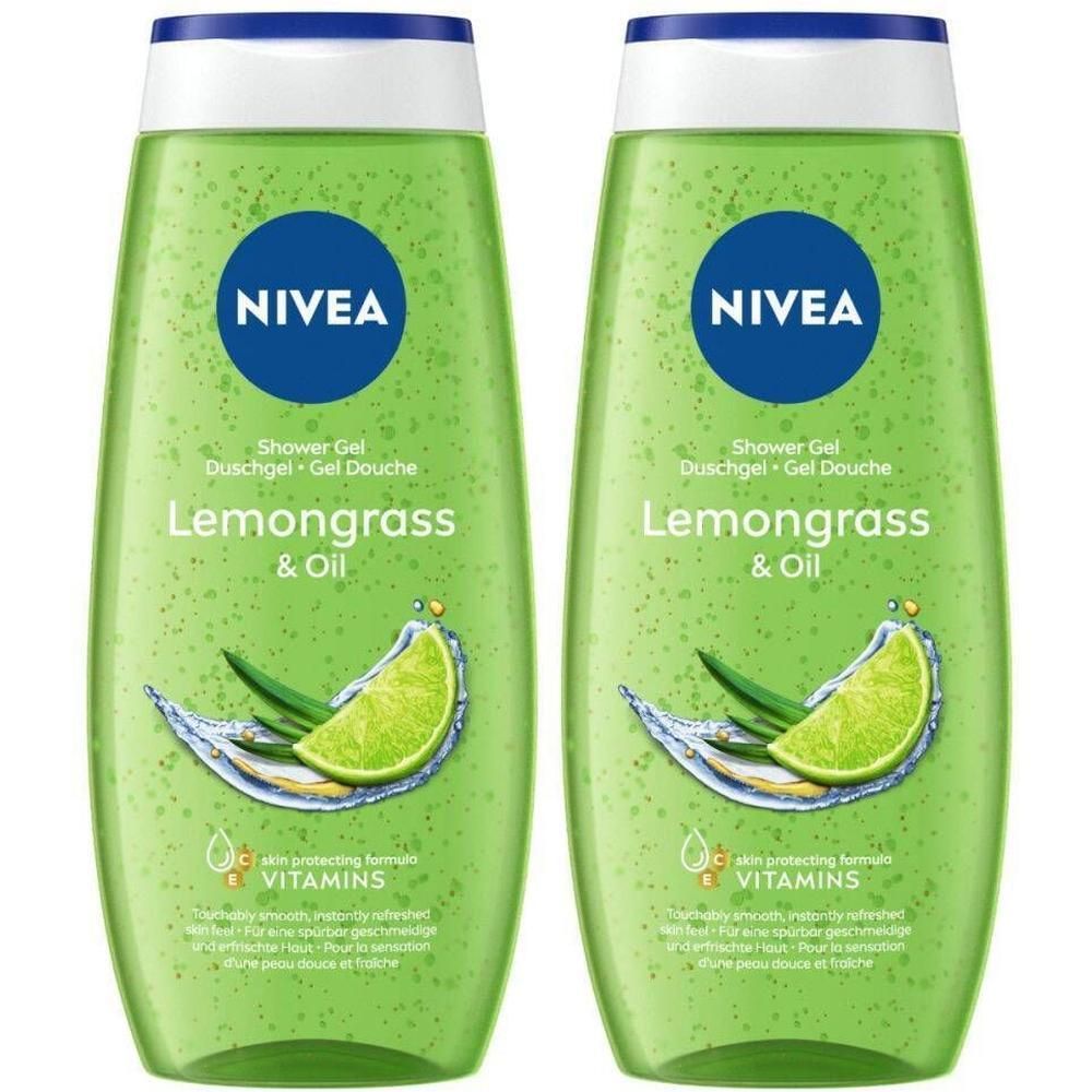 Twee groene douchegelflessen met blauwe dop. Opschrift: Nivea, Lemongrass & Oil. Afbeelding van een limoen en bladeren.