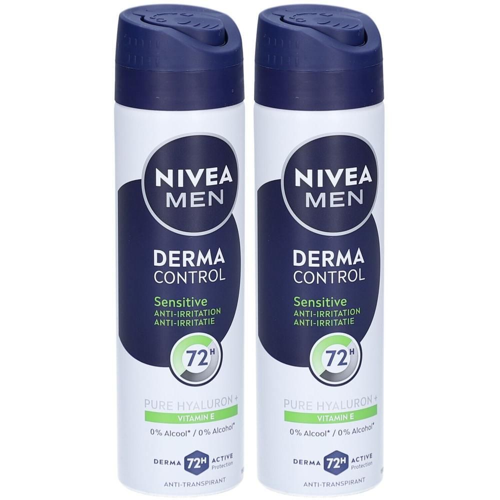 Twee witte deodorant sprays met blauwe dop. Opschrift: NIVEA MEN, DERMA CONTROL, Sensitive. 72h bescherming.