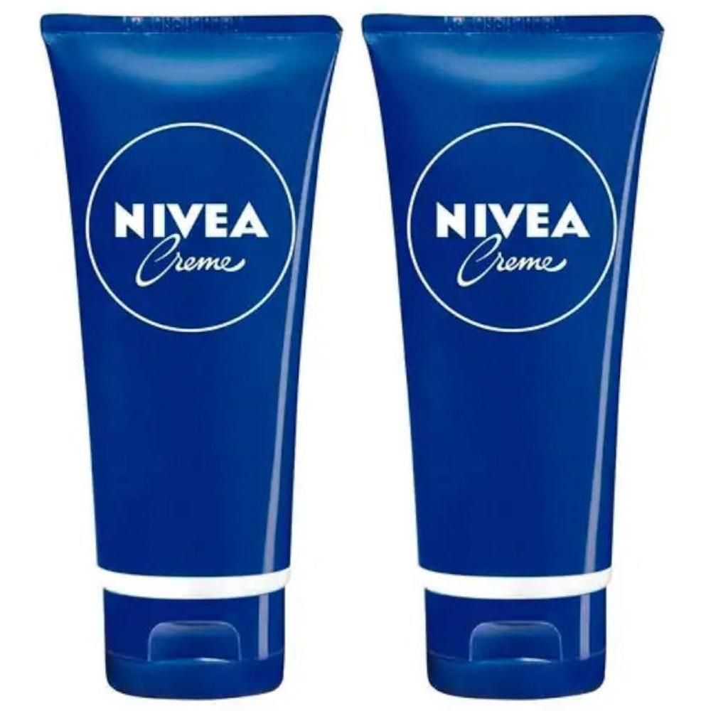 Deux tubes bleus avec le logo blanc NIVEA Crème. Les tubes ont un bouchon bleu et sont côte à côte.