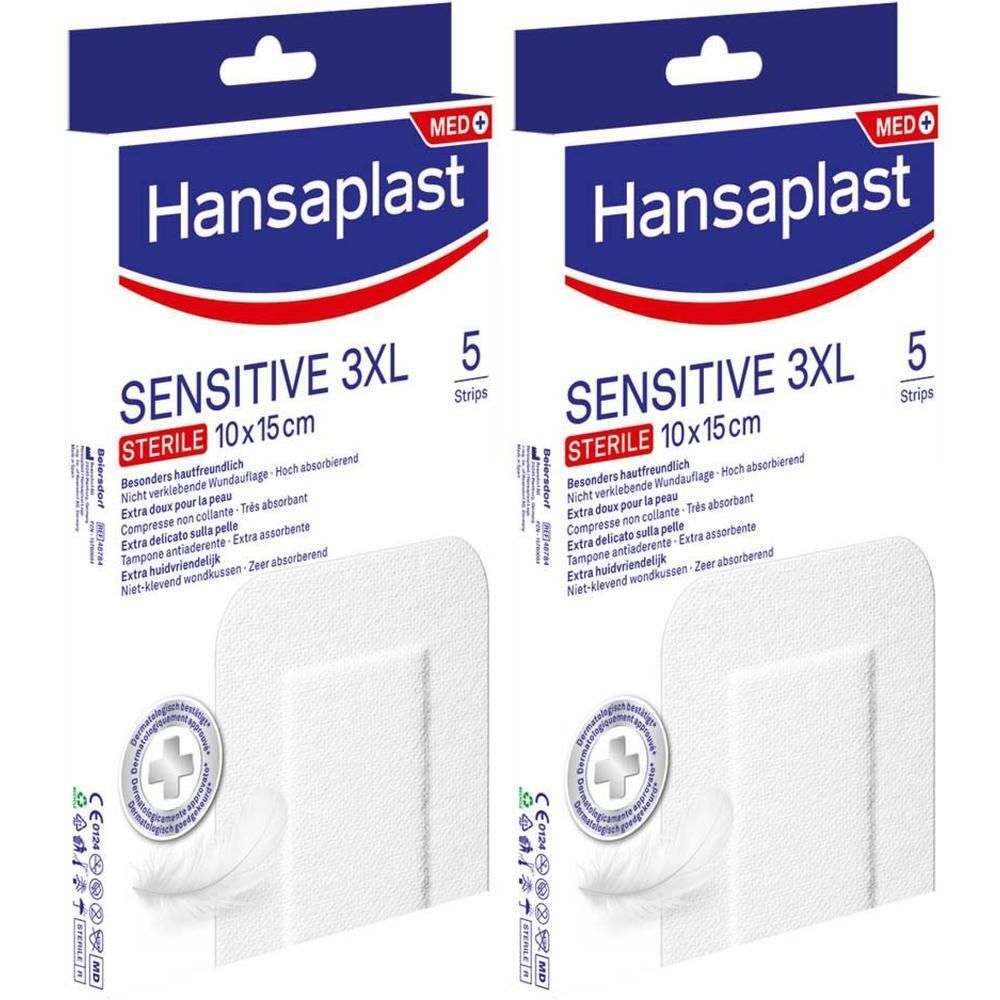 Twee verpakkingen Hansaplast Sensitive 3XL steriele pleisters 10x15cm. Verpakking met 5 pleisters. Merk, productnaam, grootte zichtbaar.