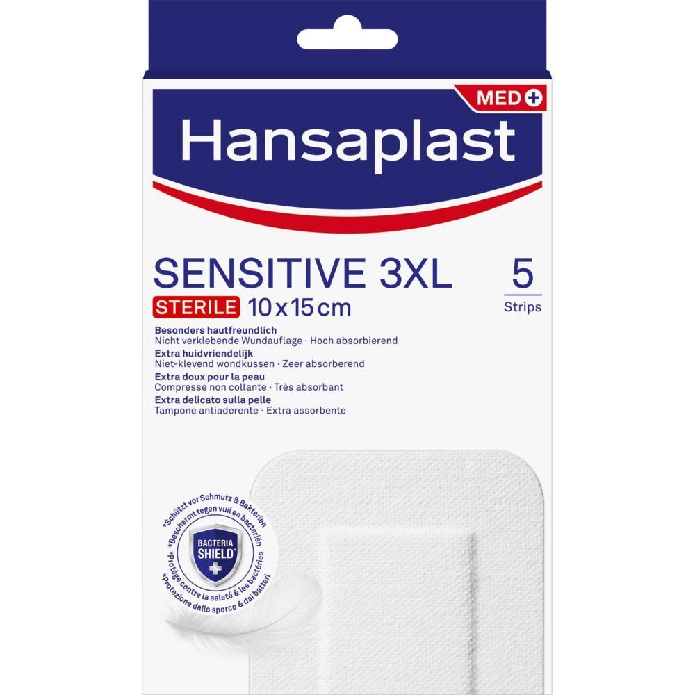 Hansaplast Sensitive 3XL, pansement stérile 10x15cm. Emballage de 5 pansements. Marque, nom du produit, taille visibles.