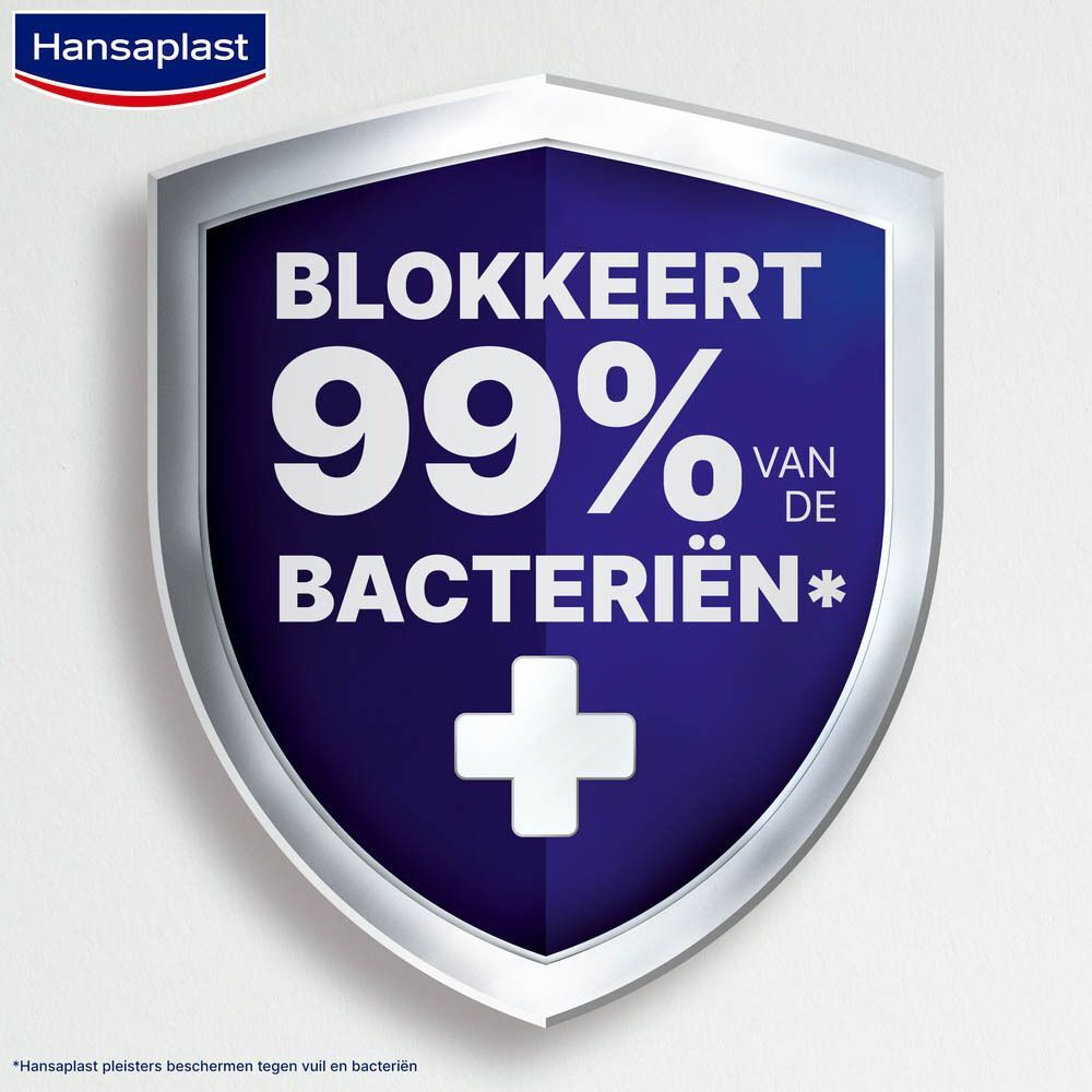 Blauw schild met wit kruis en tekst: Blokkeert 99% van de bacteriën. Zilveren kader. Tekst: Hansaplast.