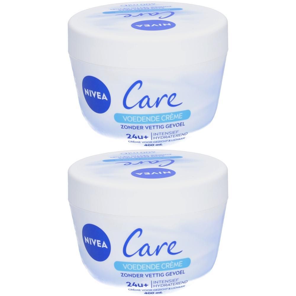 Deux pots blancs avec texte bleu. Inscription : Nivea Care, Voedende Crème, 24+ Intensief Hydraterend.
