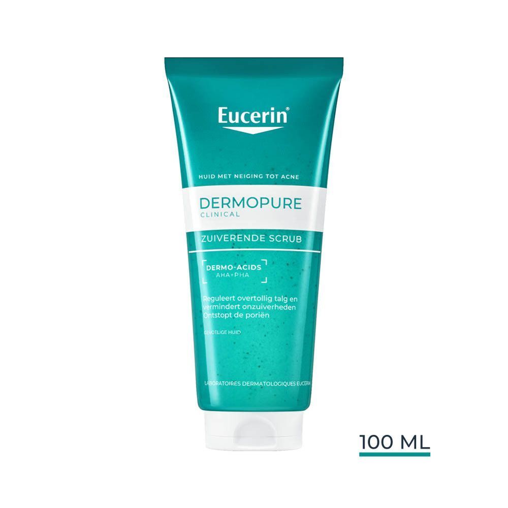 Eucerin DERMOPURE CLINICAL Zuiverende Scrub. Groen-witte tube, merk en naam zichtbaar, 100 ml.
