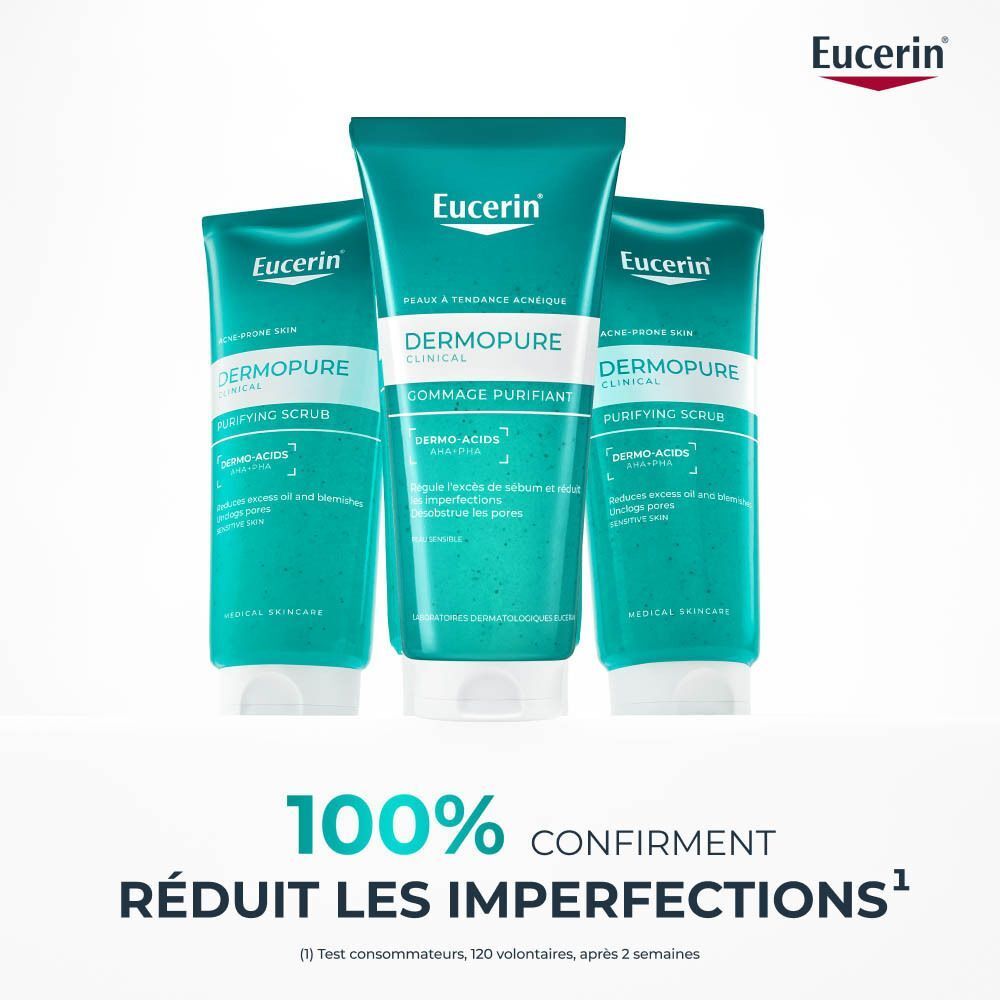 Trois tubes de Gommage Purifiant Visage Eucerin DERMOPURE CLINICAL. Marque et nom visibles. Texte: Réduit les imperfections.